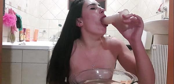  Dirty whore chocking on dildo | self piss face dunking | drinking piss | self golden shower